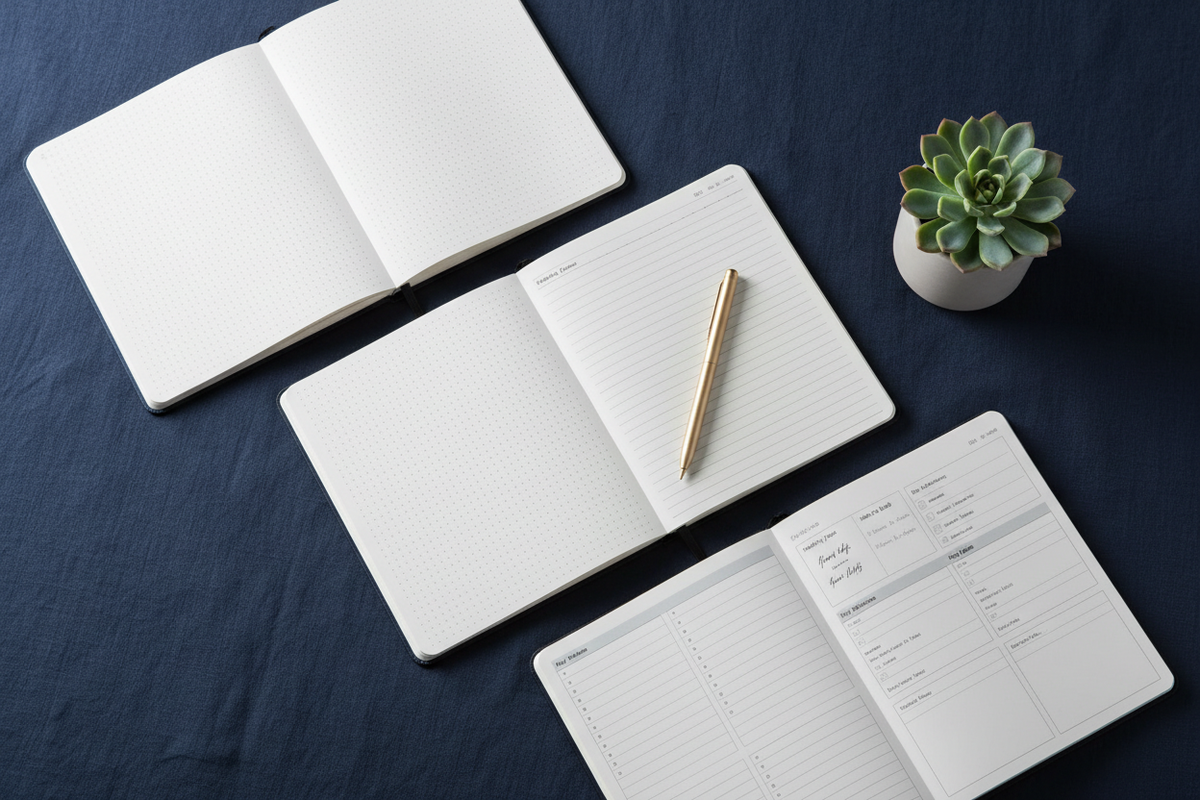 Multiple open journal layouts fanned out on a navy linen surface with a gold pen