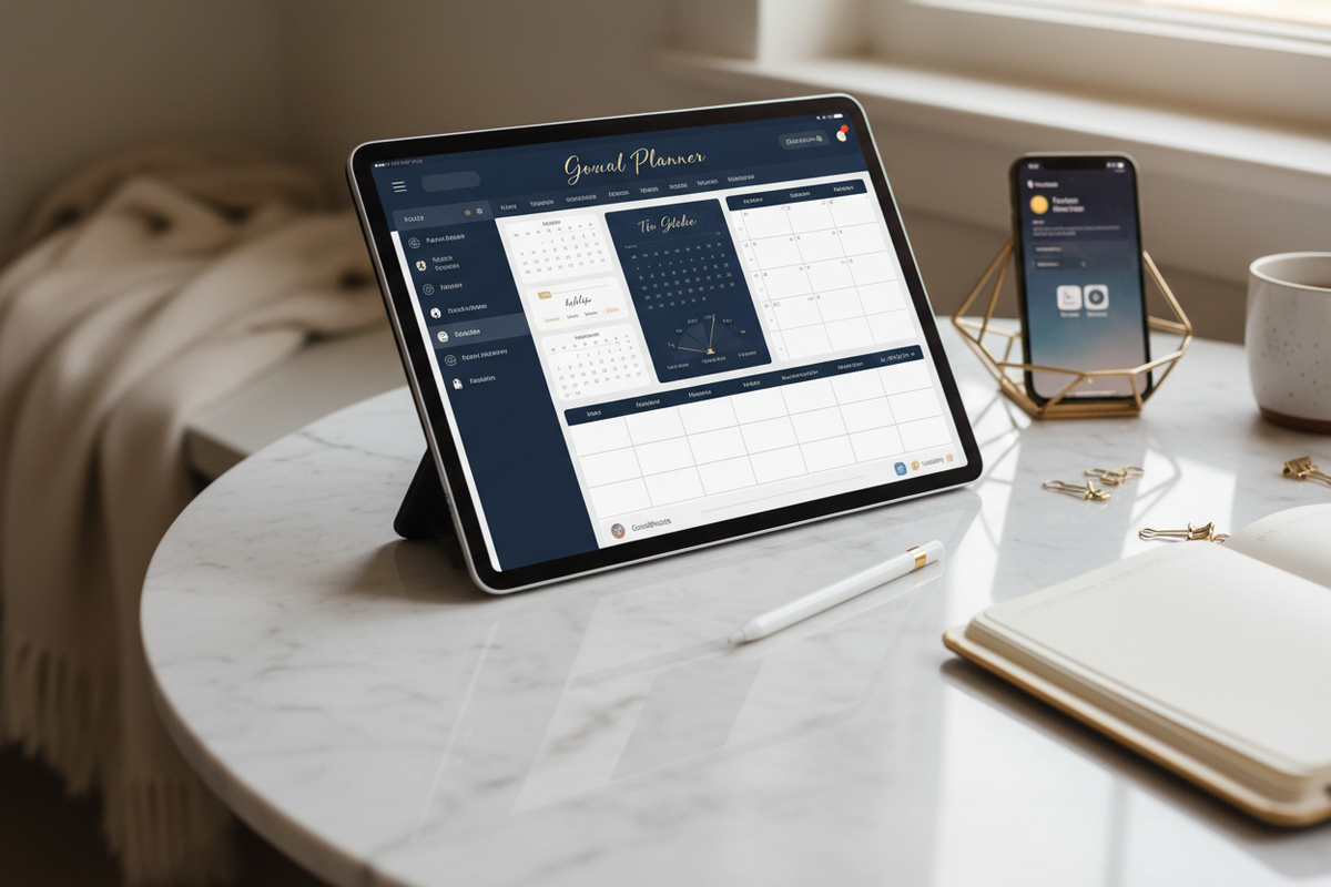 iPad Pro displaying a digital planner with Apple Pencil on a marble desk