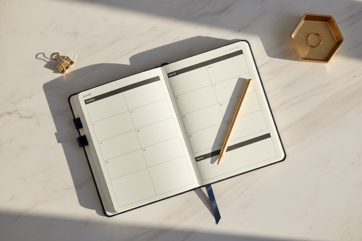 Navy planner open on a marble desk with a gold pen and soft morning light