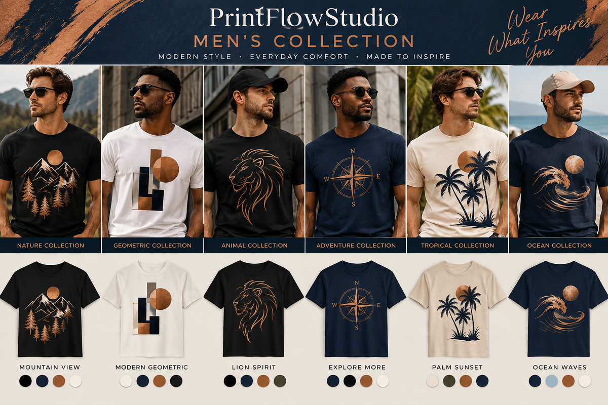PrintFlowStudio men's graphic T-shirt collection