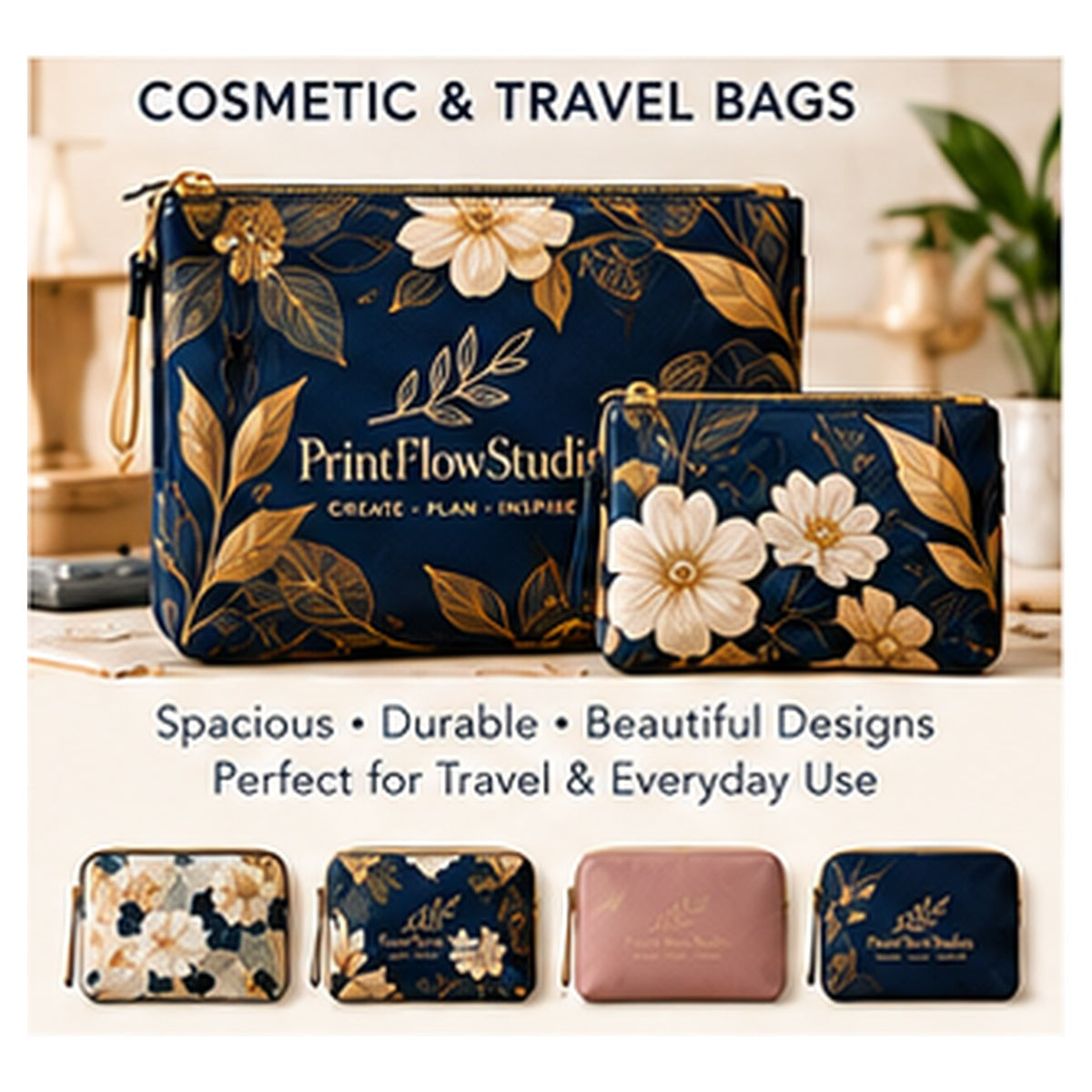 PrintFlowStudio cosmetic and travel bag product showcase