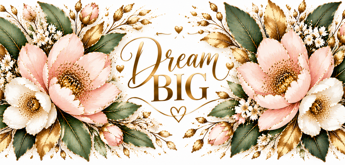 Dream Big gold script with blush and sage floral artwork preview