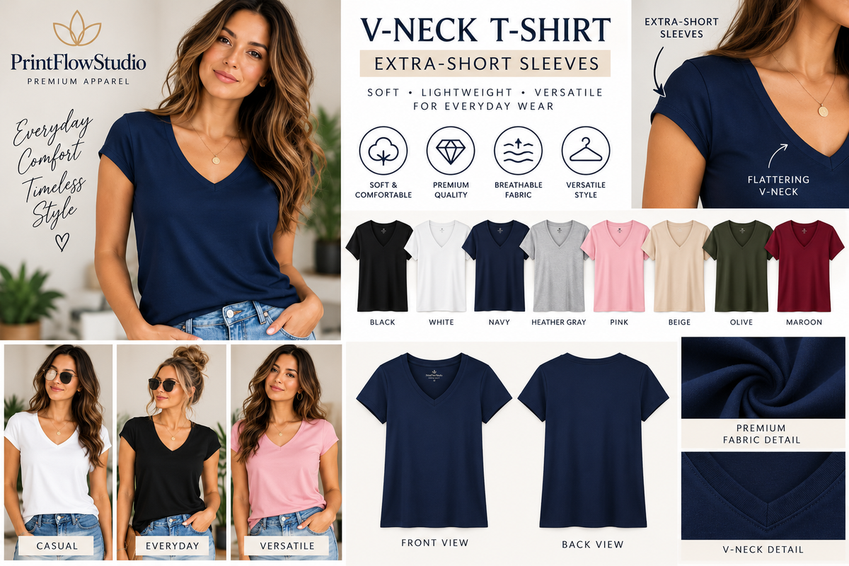 PrintFlowStudio women's extra-short-sleeve V-neck T-shirt styles colors and details