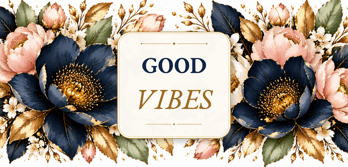 Good Vibes quote with navy pink and gold botanical details artwork preview