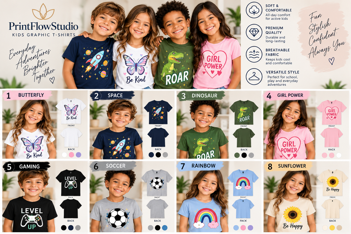 PrintFlowStudio Kids Graphic T-Shirts eight designs Butterfly Space Dinosaur Girl Power Gaming Soccer Rainbow and Sunflower