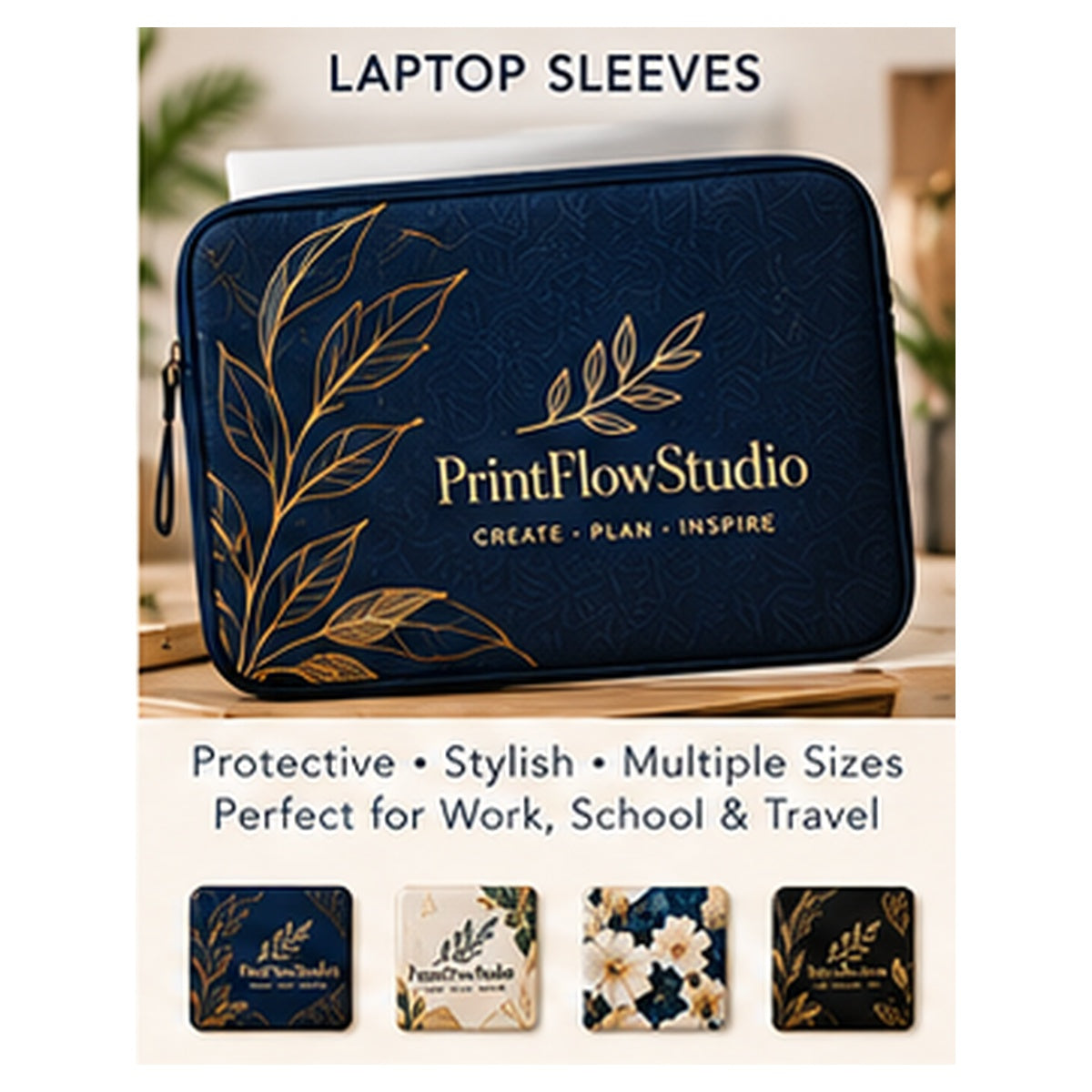PrintFlowStudio laptop sleeve product showcase