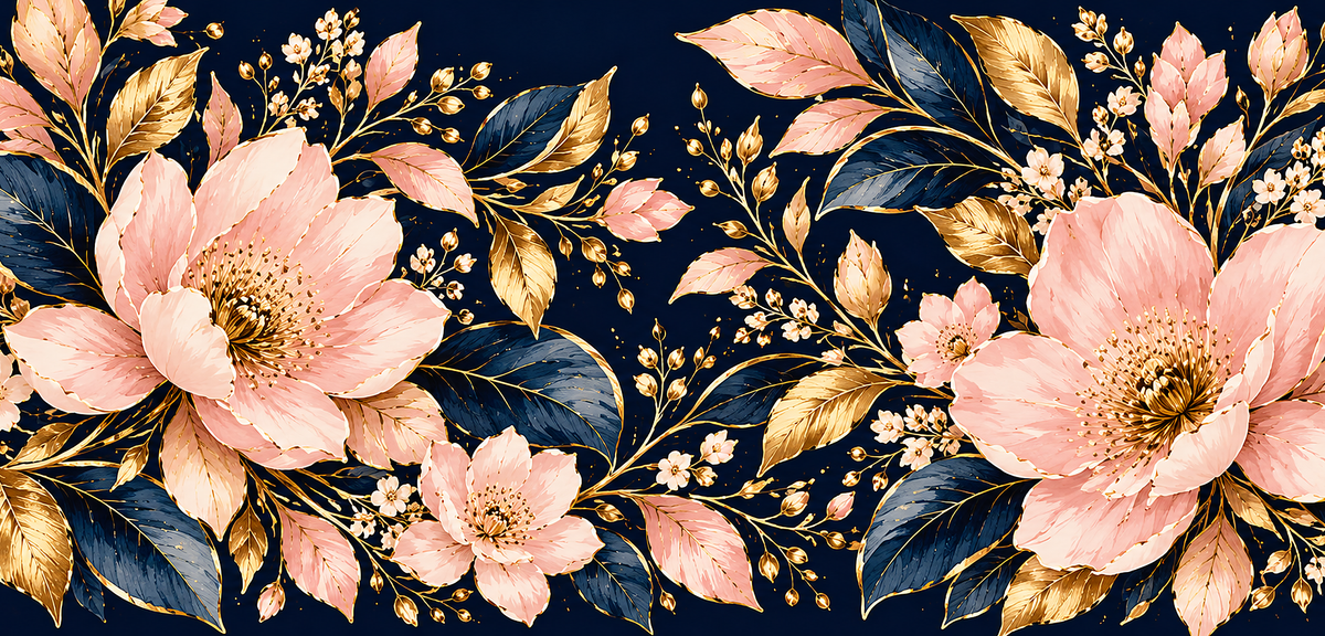 Print design preview: Navy and gold with blush pink blossoms