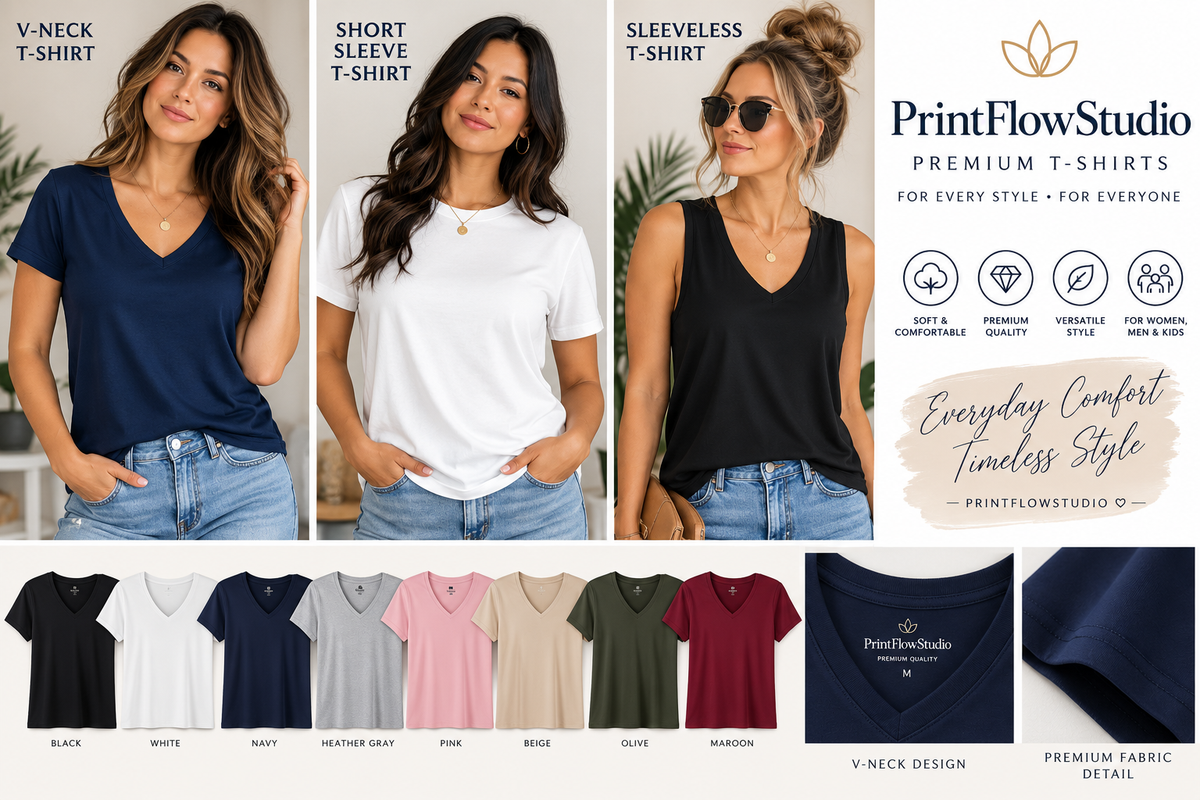 PrintFlowStudio premium T-shirt styles and color options