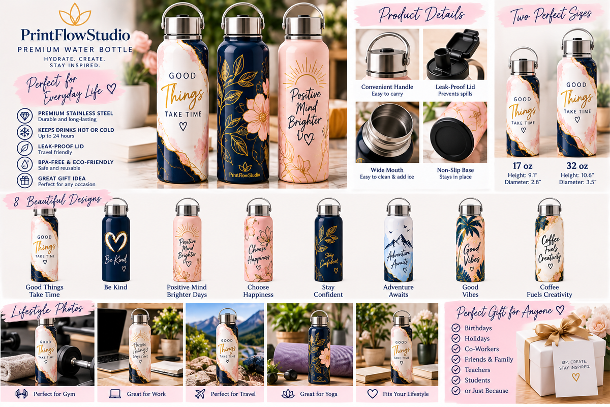 PrintFlowStudio Premium Water Bottle designs sizes product details lifestyle and gift showcase