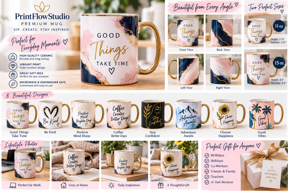 PrintFlowStudio Signature Mug 11 oz and 15 oz designs lifestyle and gift showcase