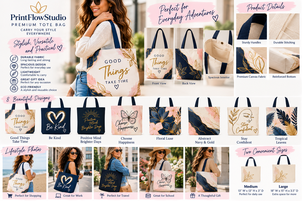 PrintFlowStudio Signature Tote Bag designs lifestyle product details and sizes