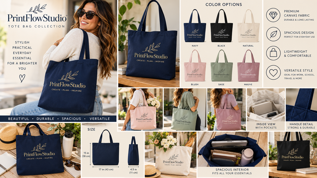 PrintFlowStudio tote bag collection showcase