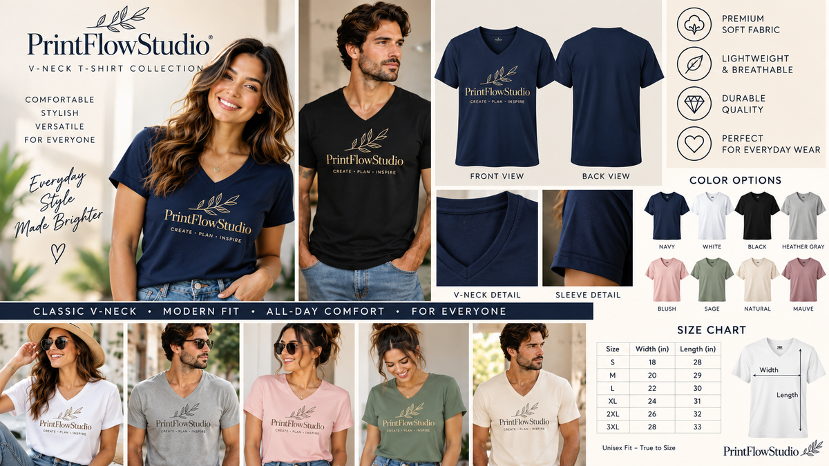 PrintFlowStudio V-neck T-shirt collection showcase