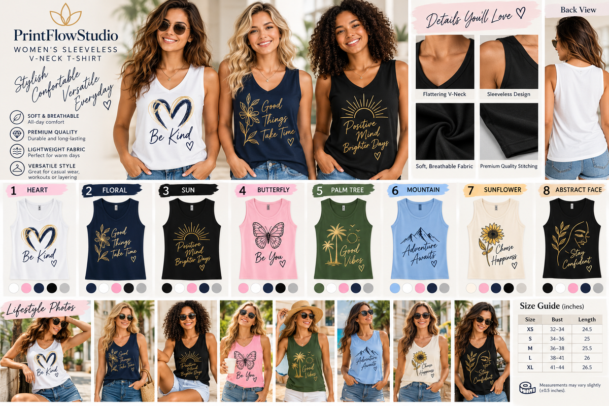 PrintFlowStudio women's sleeveless V-neck T-shirt styles and designs